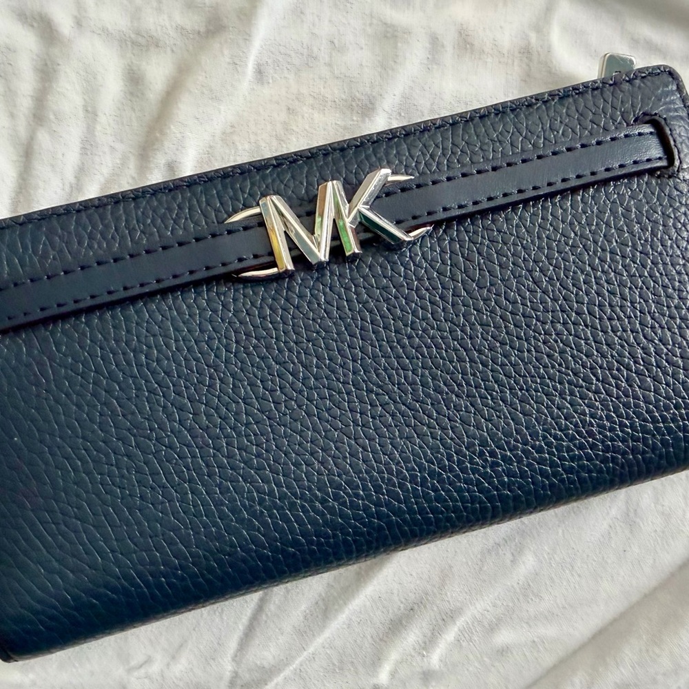 Michael Kors Navy Pebbled Leather Wallet with Silver MK Emblem